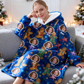 Custom Face Blanket Hoodie – Personalized Wearable Blanket with Photo & Gingerbread Man – Cozy Oversized Hoodie, Christmas Gift